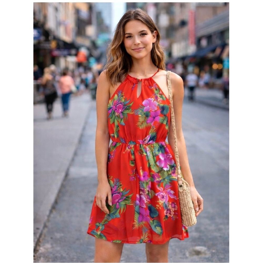 Red Floral Summer Dress | Tropical Halter Vacation Resort Dress | Size S